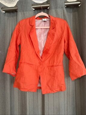 Orange 100% Linen Blazer Jacket Small 3/4 Sleeve Tailored Career Casual